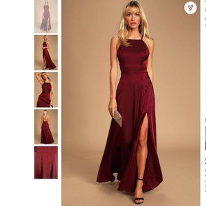 Lulus Total Beauty Satin Backless Maxi Dress Burgundy S bridesmaid wedding